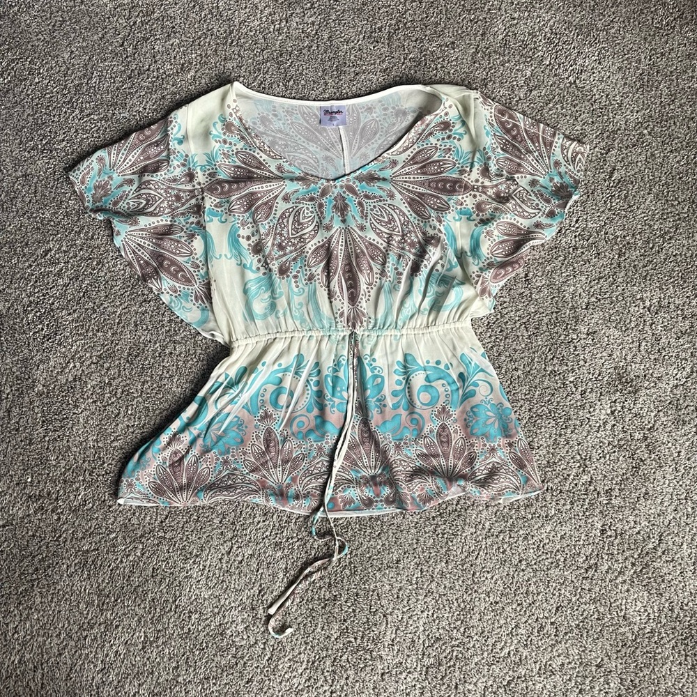 Wrangler Multicolor Paisley Babydoll Blouse Size L Tie Waist Women’s Boho Top